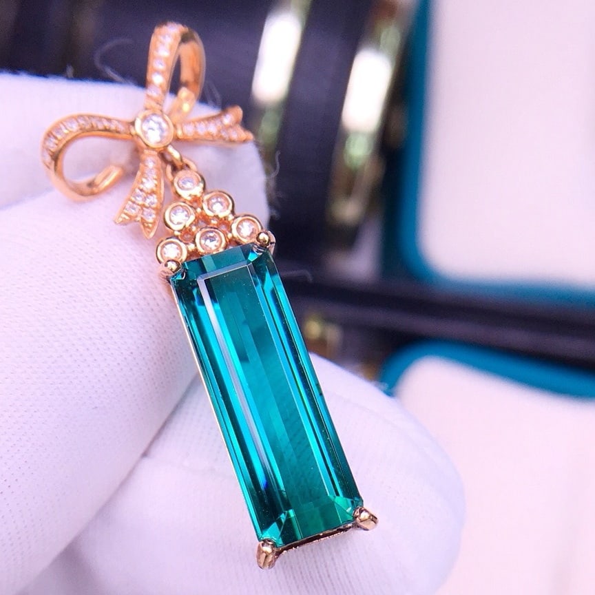14k Gold 7.5 Ct Natural Tourmaline & Diamond Pendant( Without Chain ) - 3