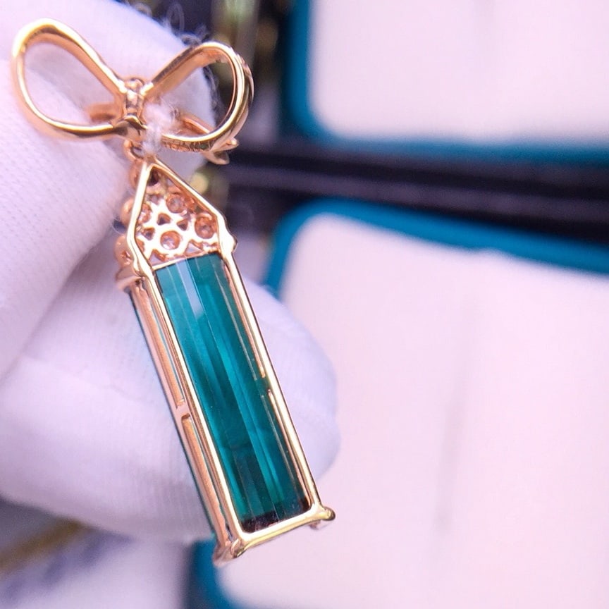 14k Gold 7.5 Ct Natural Tourmaline & Diamond Pendant( Without Chain ) - 4