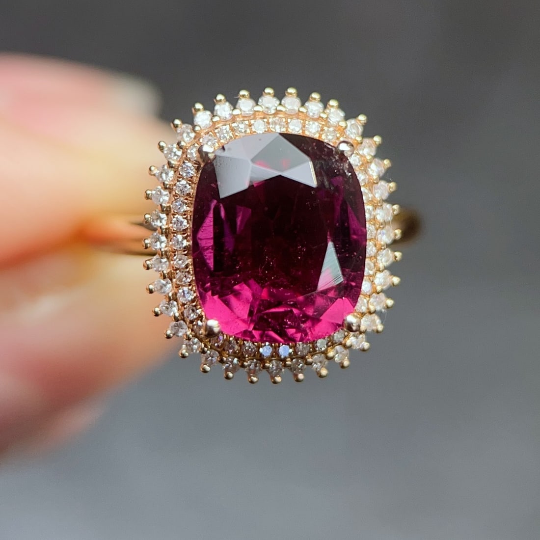 14k Gold 4.14 Ctw Natural Tourmaline & Diamond Ring: Ref:231158445 // gold content:14k gold // ring size:7. 25us // // main gemstone:tourmaline // shape:cushion // carat weight:3. 85ct // color:red // treatment:natural // // adjacent gemstone 2 :