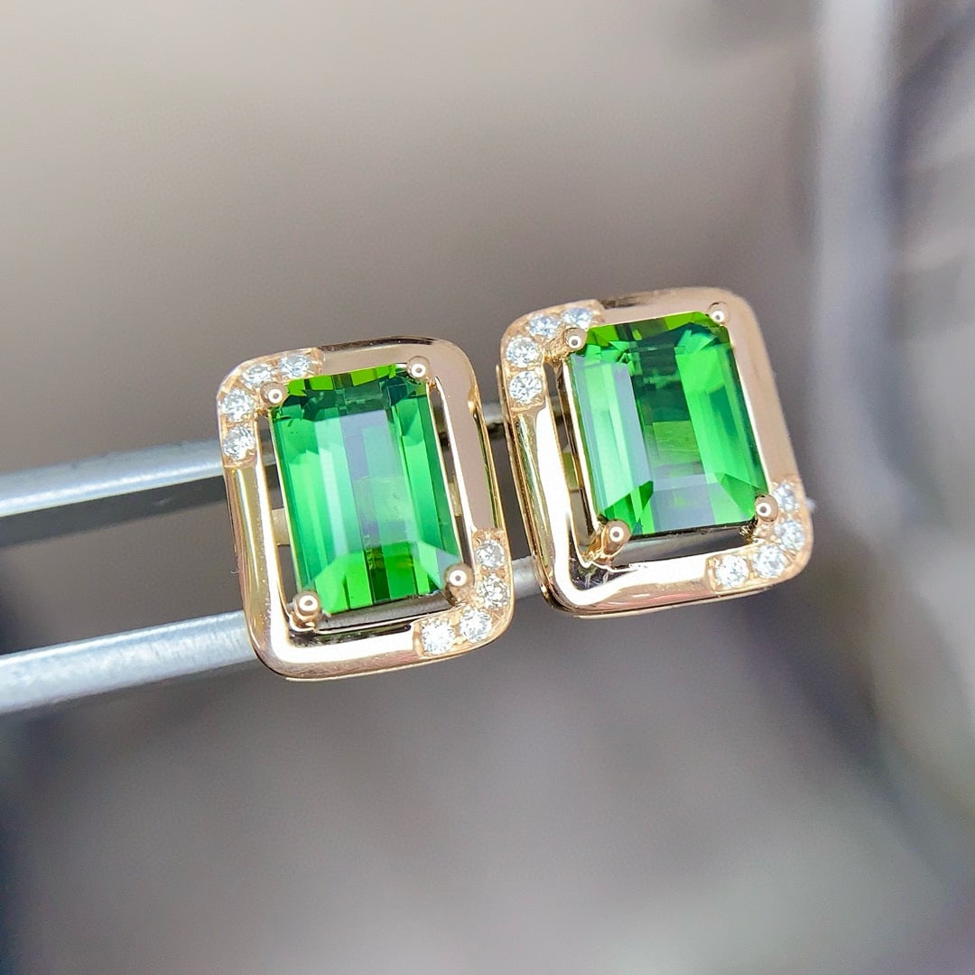 14k Gold 3.05 Ct Natural Tourmaline & Diamond Earrings - 3