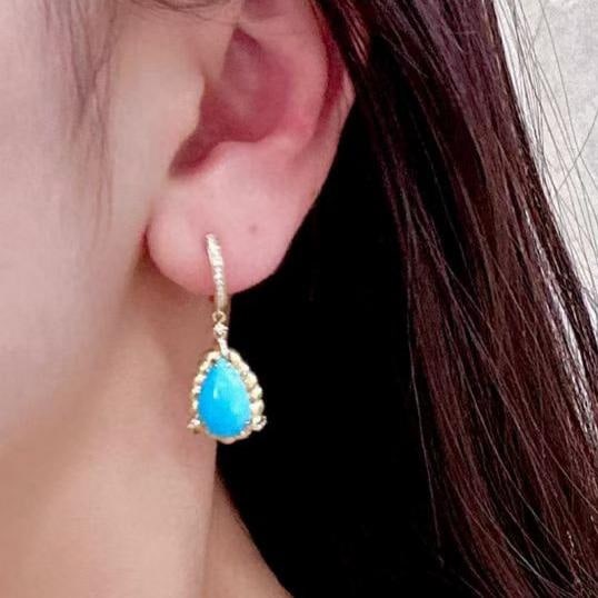 14k Gold 5.63 Ctw Natural Blue Turquoise & Diamond Earrings - 4