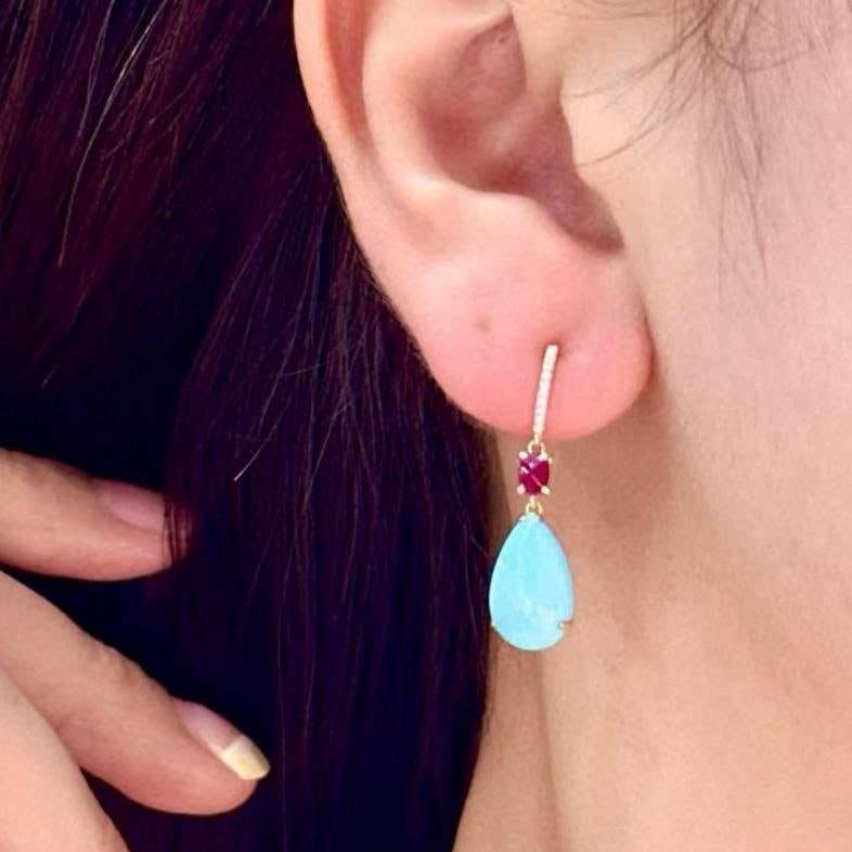 14k Gold 5.41 Ctw Natural Blue Turquoise & Ruby Earrings - 4