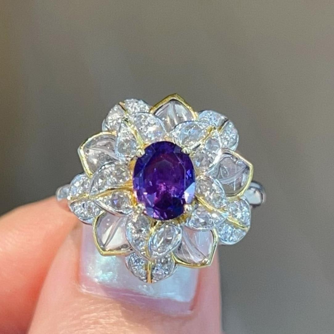 14k Gold 1.49 Ctw Natural Sapphire & Diamond & Flowers Ring: Ref:231159126 // gold content:14k gold // ring size:7. 25us // // main gemstone:sapphire // shape:oval // carat weight:1. 06ct // color:purple // treatment:natural // // adjacent gemstone 2 : diamond