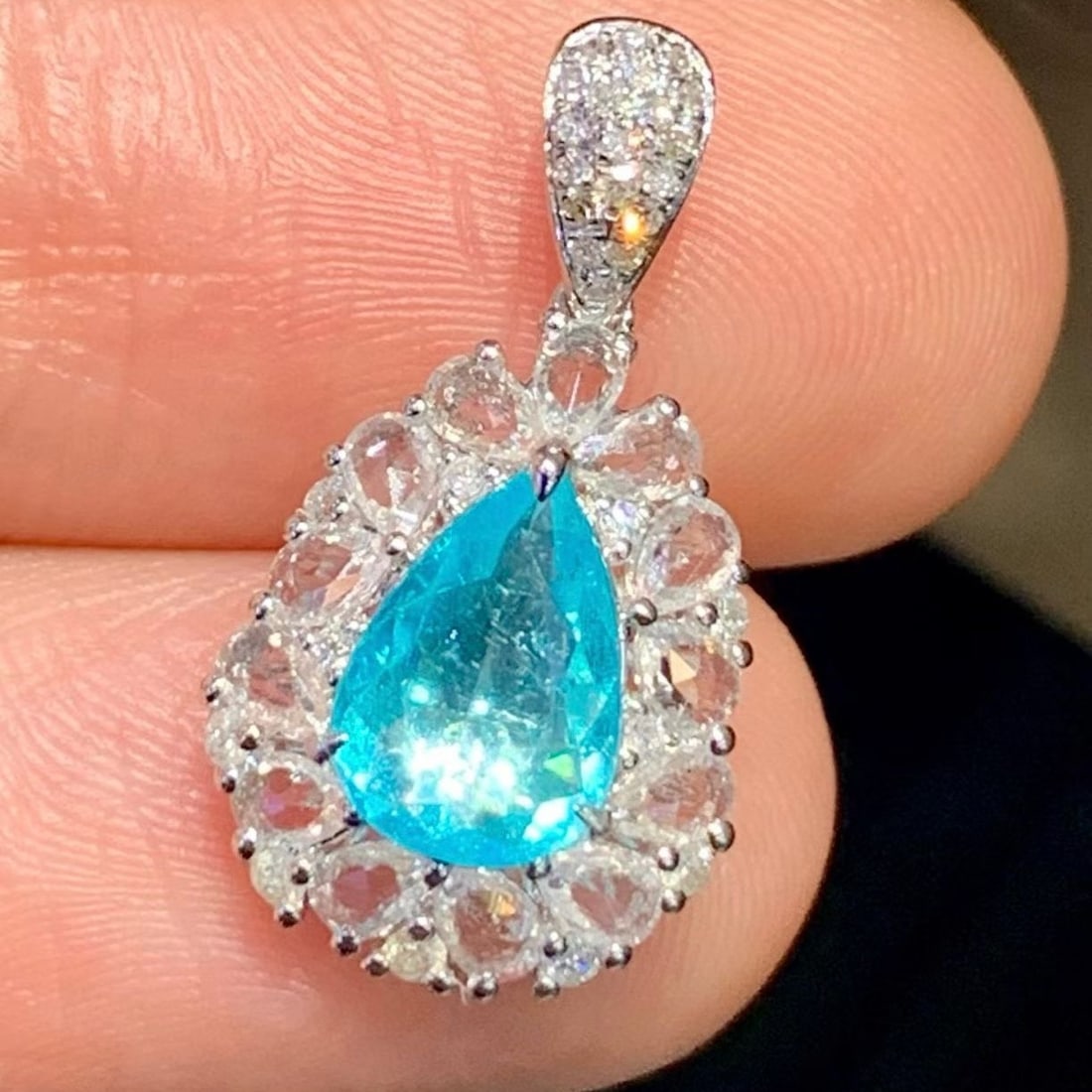 14k Gold 0.75 Ct Natural Paraiba Tourmaline & Diamond & Sapphire Pendant( Without Chain ): Ref:231159155 // gold content:14k gold // main gemstone:paraiba tourmaline // shape:pear // carat weight:0. 75ct // color:blue // treatment:natural // // adjacent gemstone 2 : diamond // shape:round /