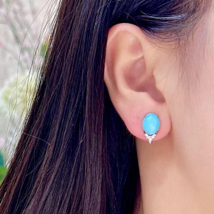 14k Gold 4.59 Ctw Natural Blue Turquoise & Diamond Earrings - 4