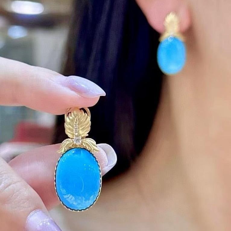 14k Gold 14.96 Ctw Natural Blue Turquoise & Diamond Earrings - 2
