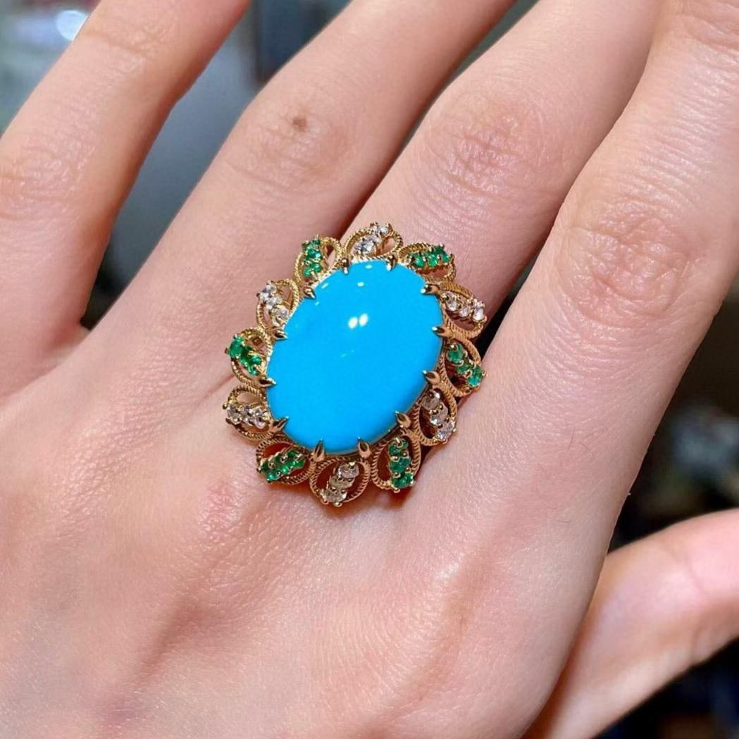 14k Gold 9.33 Ctw Natural Blue Turquoise & Diamond Ring - 4