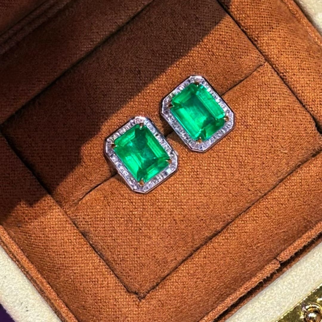 14k Gold 3.7 Ct Natural Emerald & Diamond Earrings - 3