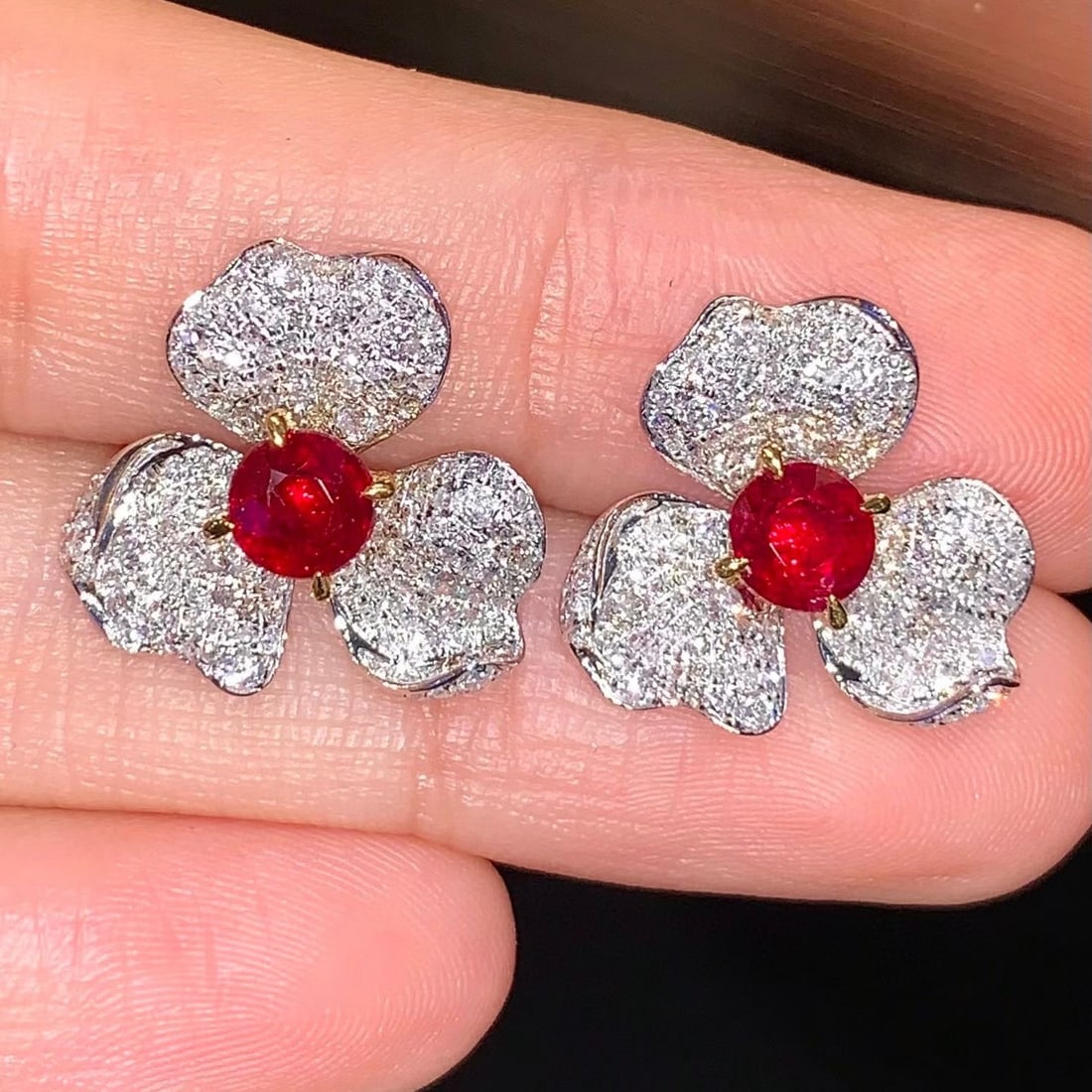 14k Gold 1.3 Ct Natural Ruby & Diamond & Flowers Earrings - 2