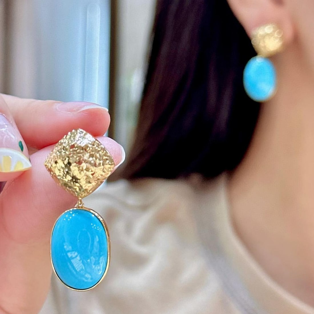 14k Gold 16.6 Ct Natural Blue Turquoise Earrings - 6