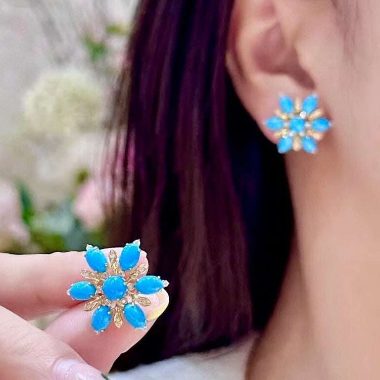 14k Gold 6.31 Ctw Natural Blue Turquoise & Diamond Earrings - 4