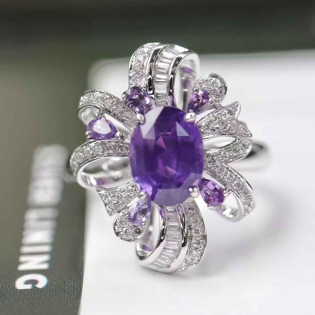 14k Gold 2.35 Ctw Natural Sapphire & Diamond Ring: Ref:231160080 // gold content:14k gold // ring size:7. 25us // // main gemstone:sapphire // shape:oval // carat weight:2. 1ct // color:purple // treatment:natural // // adjacent gemstone 2 : diamond