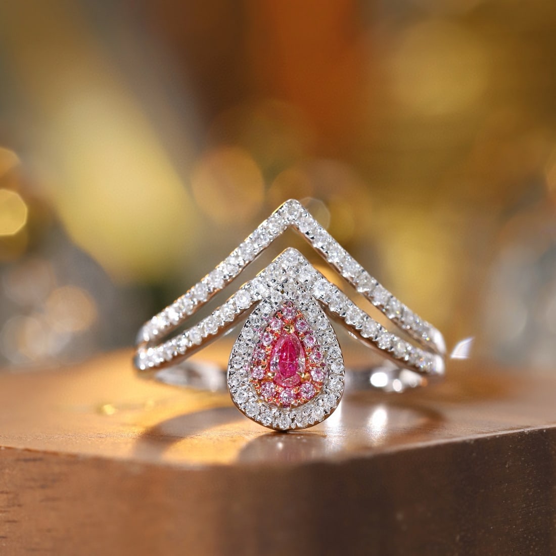 14k Gold 0.5 Ctw Natural Pink Diamond & Diamond Ring: Ref:231160096 // gold content:14k gold // ring size:7. 25us // // main gemstone:pink diamond // shape:pear // carat weight:0. 1ct // color:pink // treatment:natural // // adjacent gemstone 2 :