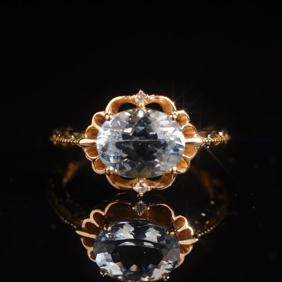 14k Gold 1.71 Ctw Natural Aquamarine & Diamond Ring: Ref:231160153 // gold content:14k gold // ring size:7. 25us // // main gemstone:aquamarine // shape:oval // carat weight:1. 70ct // color:blue // treatment:natural // // adjacent gemstone 2 : diamond