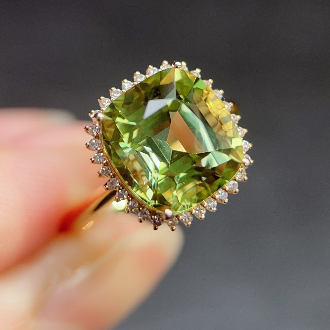 14k Gold 6.91 Ctw Natural Tourmaline & Diamond Ring: Ref:231160155 // gold content:14k gold // ring size:7. 25us // // main gemstone:tourmaline // shape:cushion // carat weight:6. 75ct // color:green // treatment:natural // // adjacent gemstone 2 :