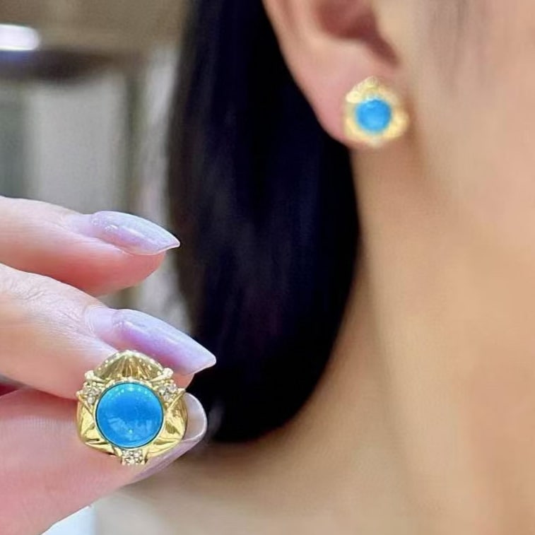 14k Gold 4.19 Ctw Natural Blue Turquoise & Diamond Earrings - 2