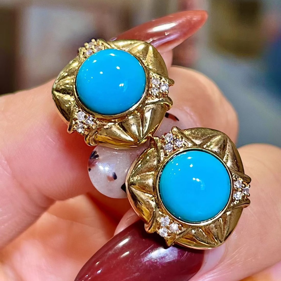 14k Gold 4.19 Ctw Natural Blue Turquoise & Diamond Earrings - 3