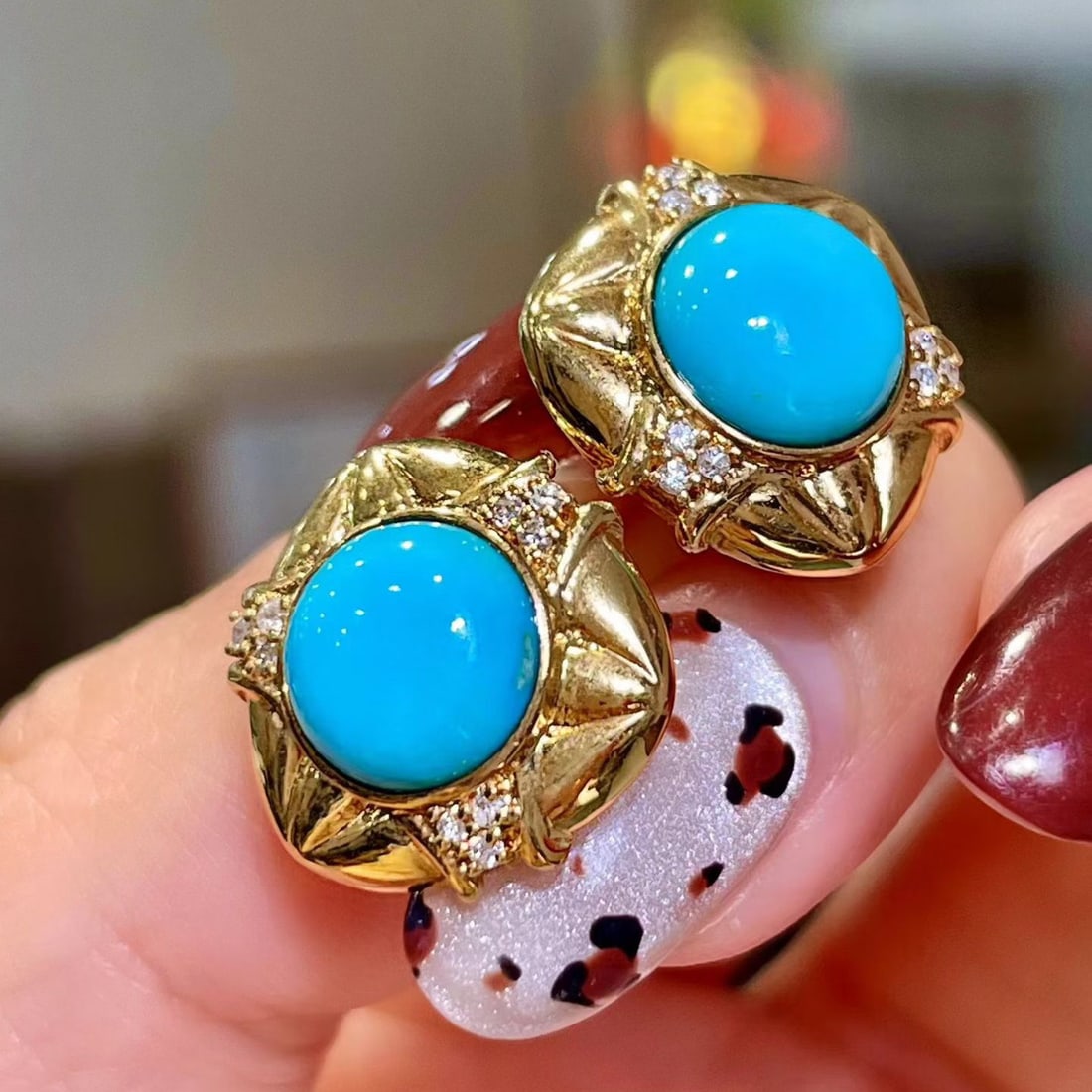 14k Gold 4.19 Ctw Natural Blue Turquoise & Diamond Earrings - 4