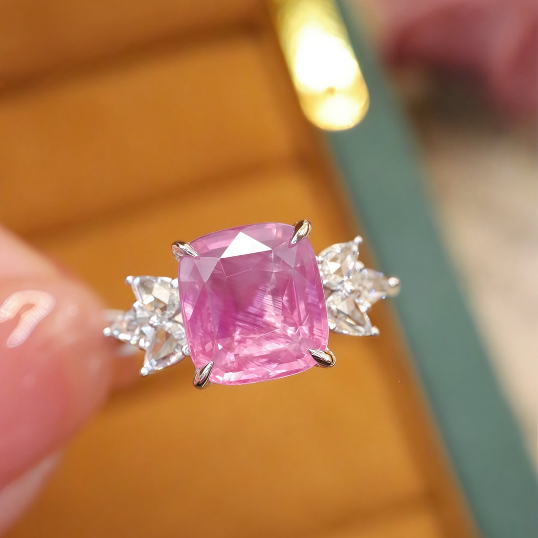 14k Gold 3.29 Ctw Natural Spinel & Diamond Ring: Ref:231160171 // gold content:14k gold // ring size:7. 25us // // main gemstone:spinel // shape:cushion // carat weight:3. 07ct // color:pink // treatment:natural // // adjacent gemstone 2 : diamond