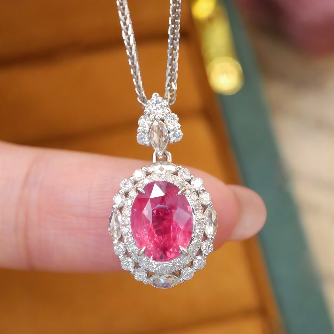 14k Gold 1.99 Ctw Natural Sapphire & Diamond Pendant( Without Chain ): Ref:231160178 // gold content:14k gold // main gemstone:sapphire // shape:oval // carat weight:1. 55ct // color:pink // treatment:natural // // adjacent gemstone 2 : diamond // number of stones:50 //