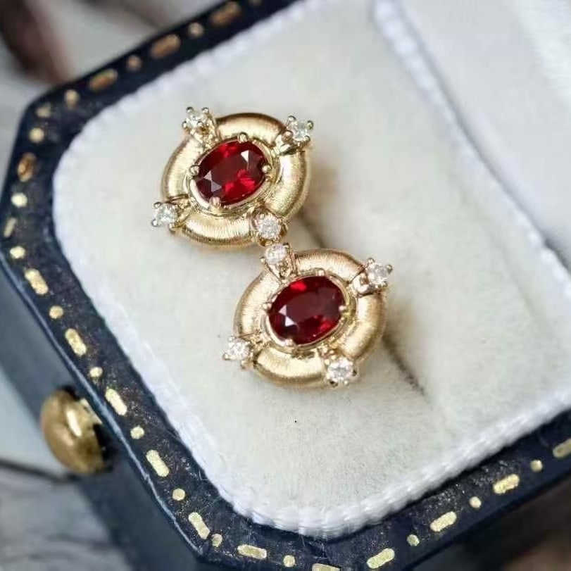 14k Gold 0.46 Ctw Vivid Red Natural Ruby & Diamond Earrings - 3