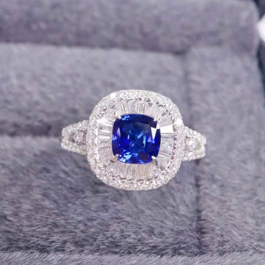 14k Gold 1.91 Ctw Natural Sapphire & Diamond Ring: Ref:231160225 // gold content:14k gold // ring size:7. 25us // // main gemstone:sapphire // shape:cushion // carat weight:1. 1ct // color:royal blue // treatment:natural // // adjacent gemstone 2 :