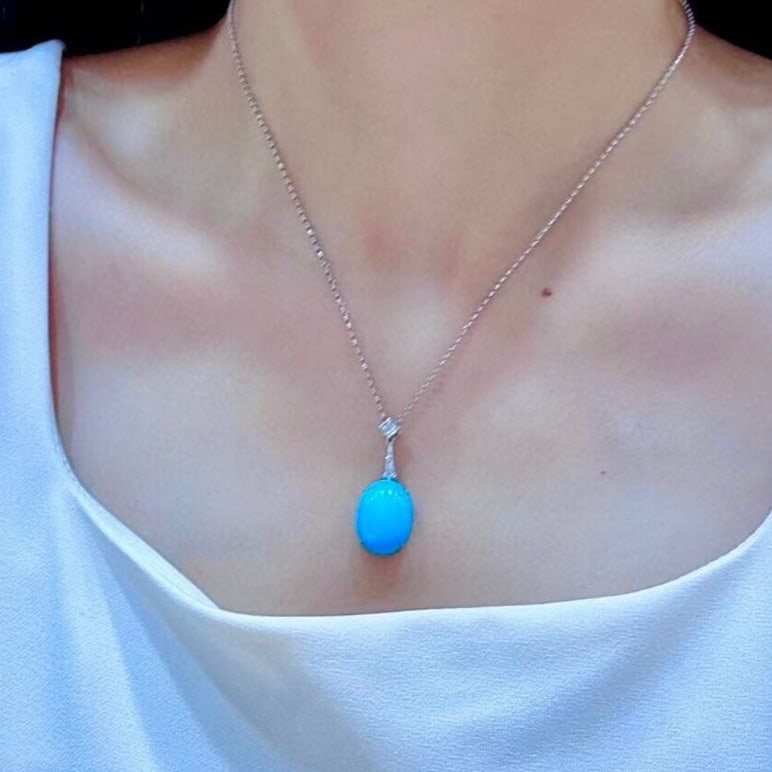 14k Gold 10.11 Ctw Natural Blue Turquoise & Diamond Necklace - 4