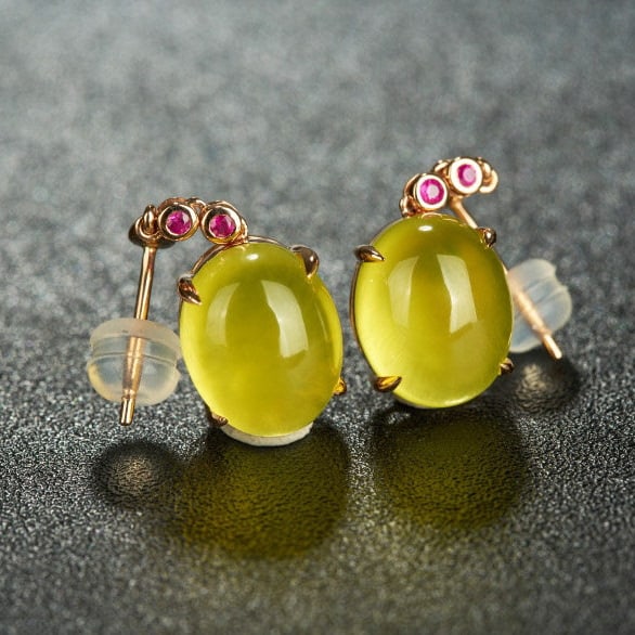 14k Gold 9.63 Ct Natural Prehnite & Diamond & Ruby Earrings - 4