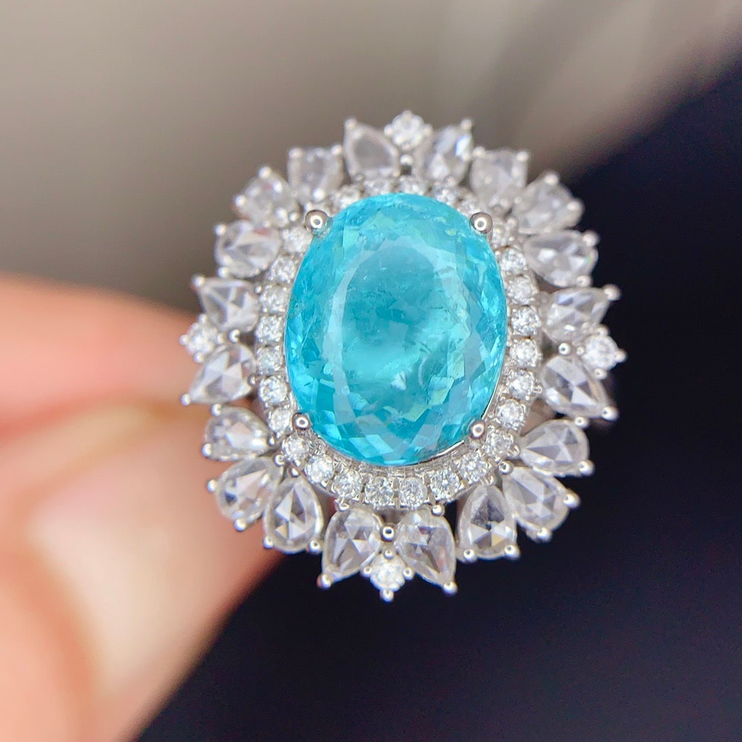 14k Gold 2.83 Ct Natural Paraiba Tourmaline & Diamond Ring/pendant( Without Chain ): Ref:231160377 // gold content:14k gold // ring size:7. 25us // // main gemstone:paraiba tourmaline // shape:oval // carat weight:2. 83ct // color:blue // treatment:natural // // adjacent gemstone 2 : 
