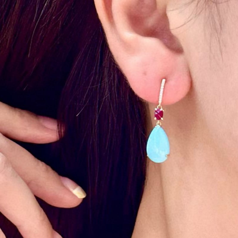 14k Gold 5.41 Ctw Natural Blue Turquoise & Ruby Earrings - 4