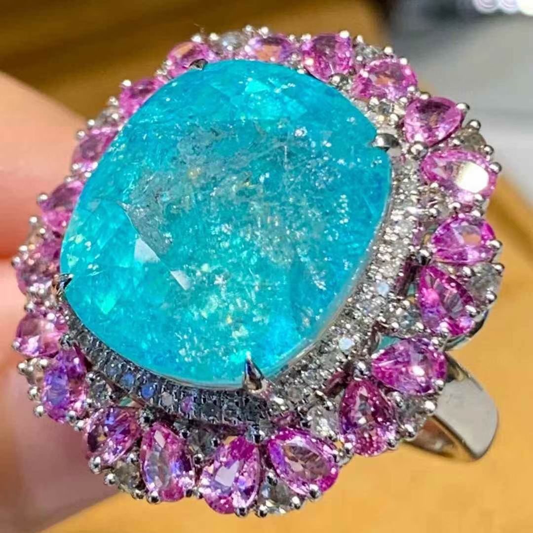 14k Gold 14.3 Ct Natural Paraiba Tourmaline & Diamond & Sapphire Ring - 2