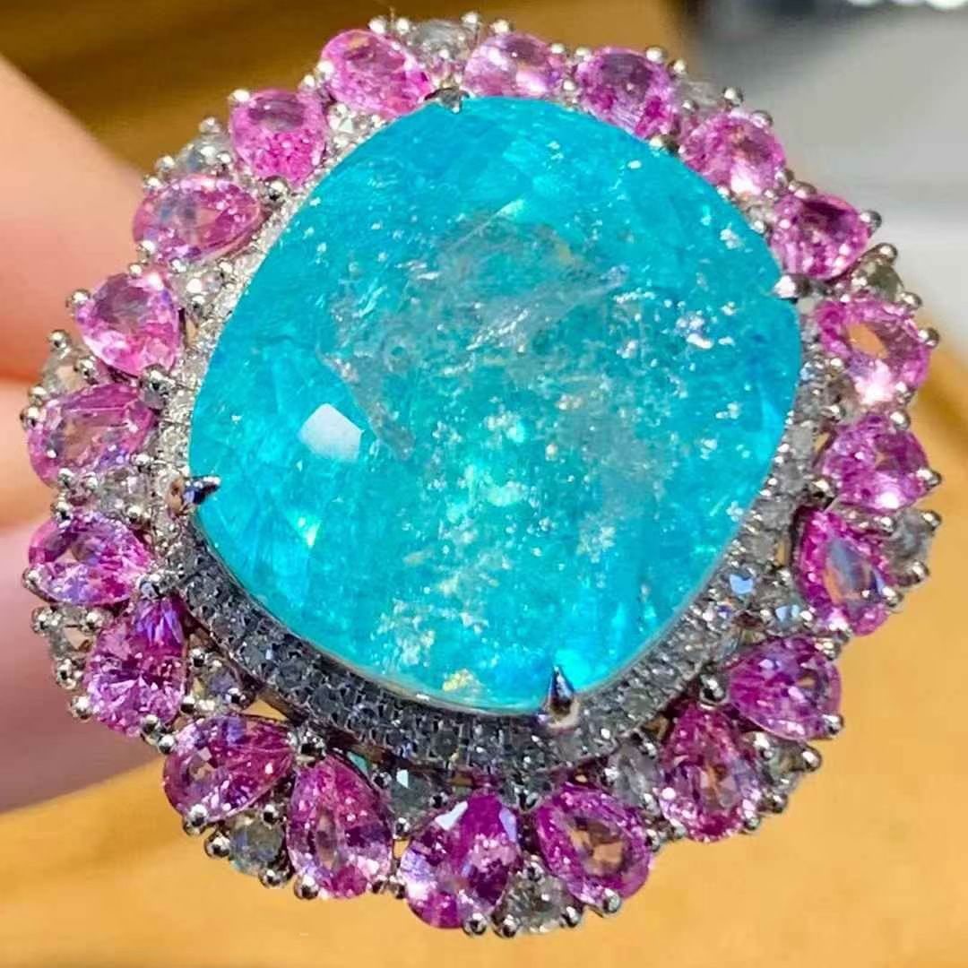 14k Gold 14.3 Ct Natural Paraiba Tourmaline & Diamond & Sapphire Ring - 3