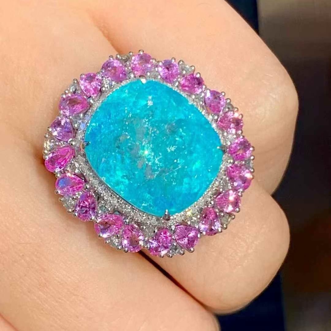 14k Gold 14.3 Ct Natural Paraiba Tourmaline & Diamond & Sapphire Ring - 4