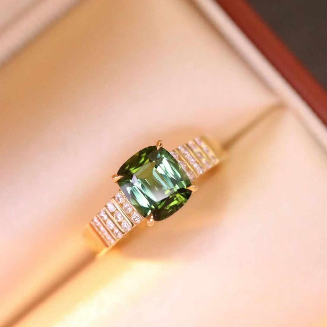 14k Gold 1.55 Ctw Natural Tourmaline & Diamond Ring: Ref:231153108 // gold content:14k gold // ring size:7. 25us // // main gemstone:tourmaline // shape:cushion // carat weight:1. 41ct // color:green // treatment:natural // // adjacent gemstone 2 :