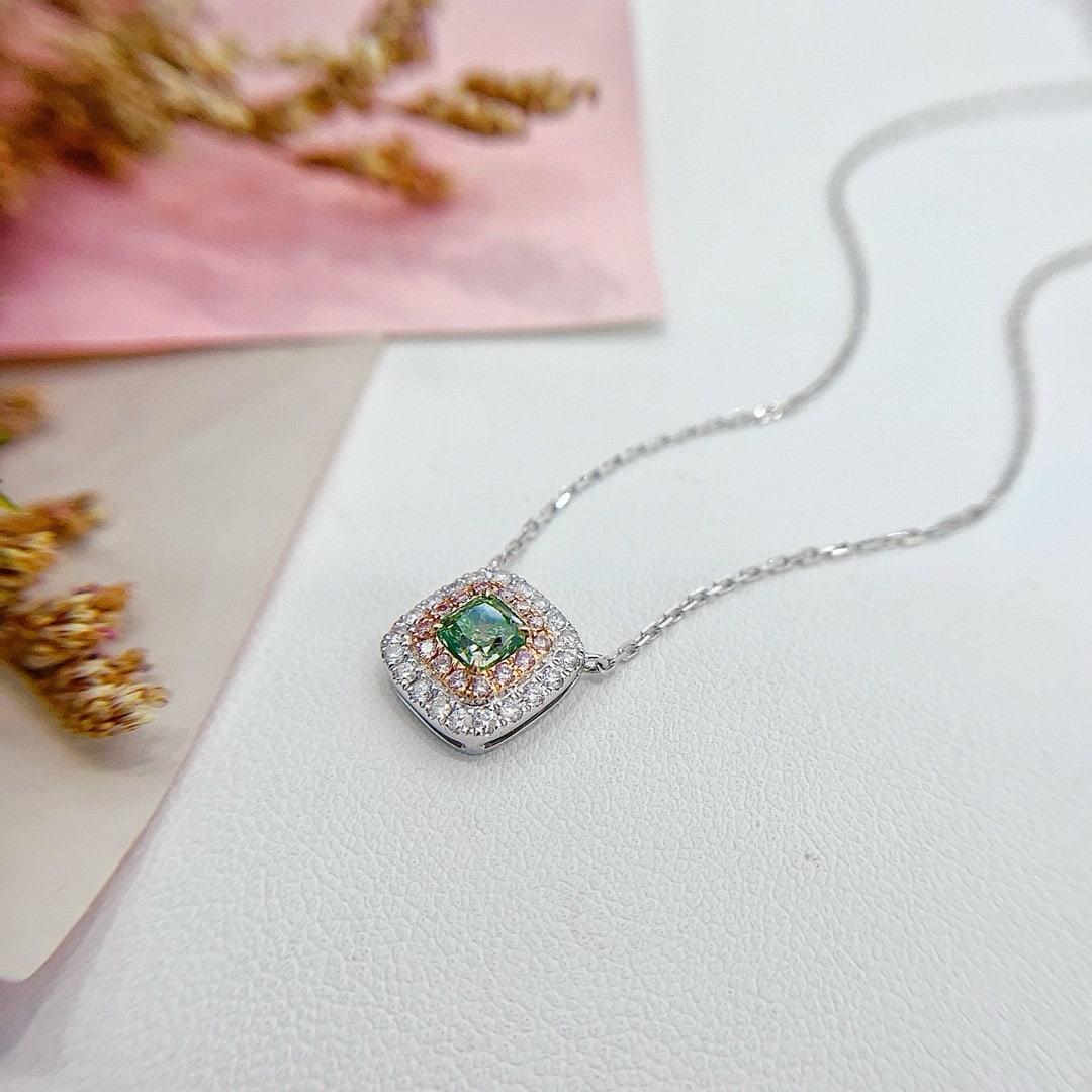 14k Gold 0.82 Ctw Natural Green Diamond & Diamond Necklace - 2