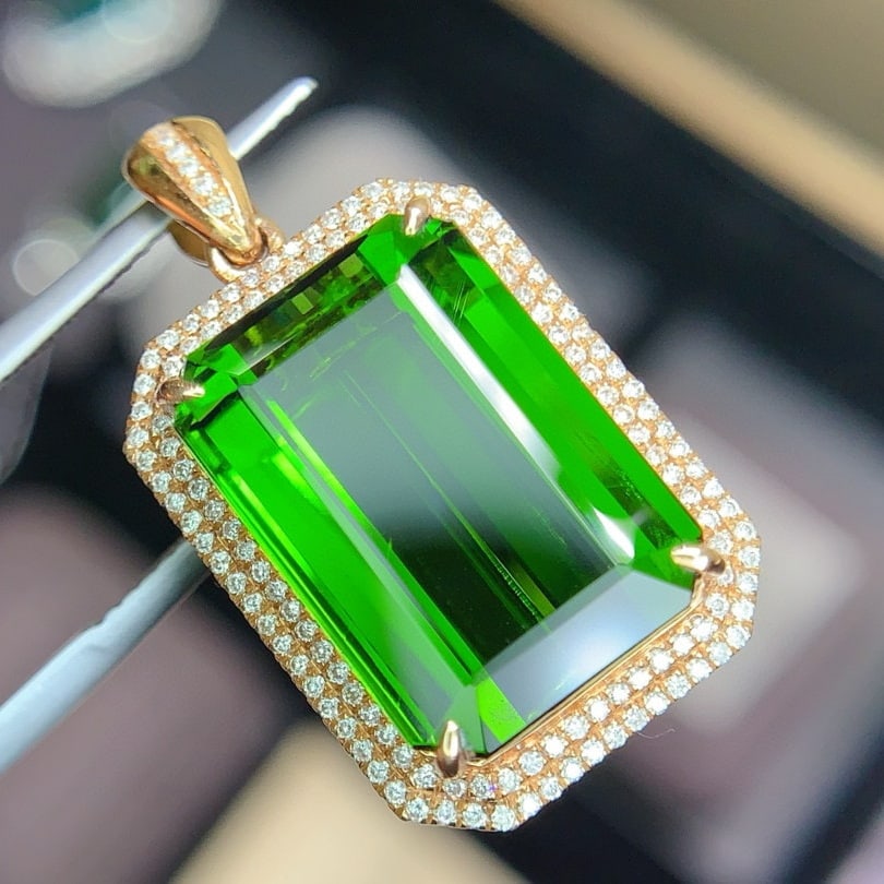 14k Gold 15.88 Ctw Natural Tourmaline & Diamond Pendant( Without Chain ) - 2