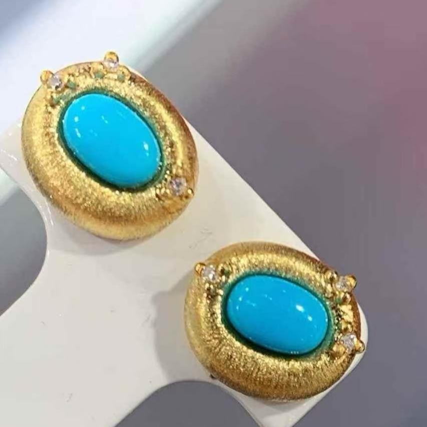 14k Gold 1 Ct Natural Blue Turquoise & Diamond Earrings - 2