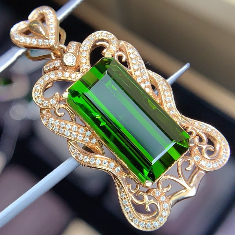 14k Gold 11.95 Ctw Natural Tourmaline & Diamond Pendant( Without Chain ) - 2