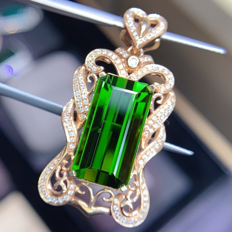14k Gold 11.95 Ctw Natural Tourmaline & Diamond Pendant( Without Chain ) - 3