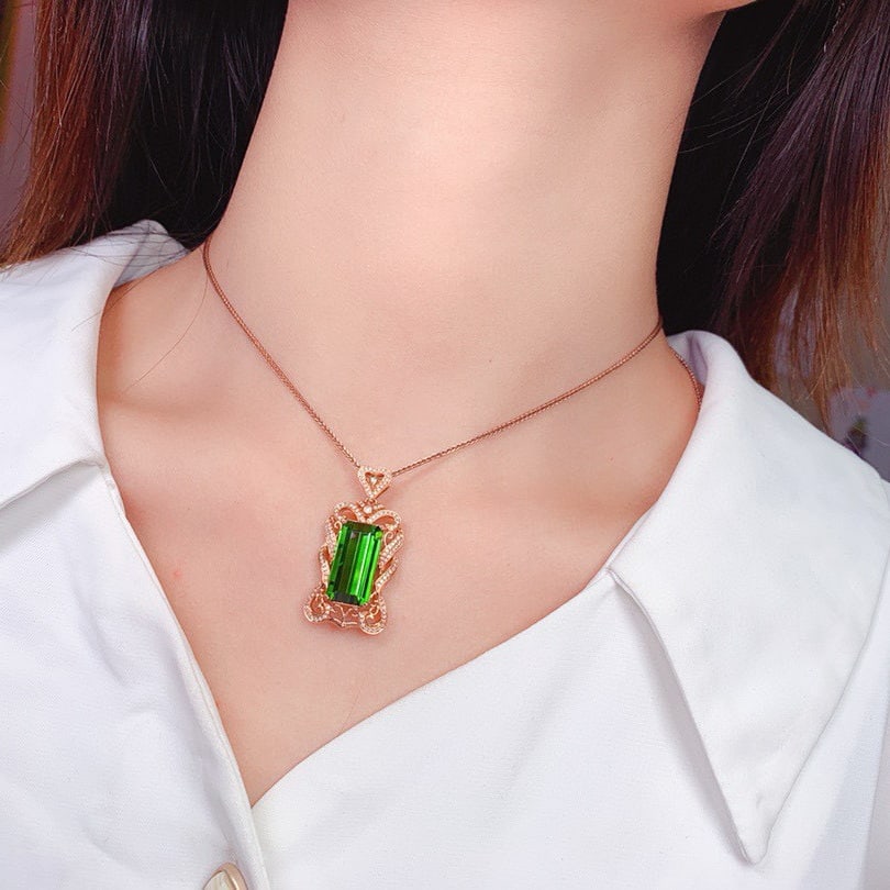 14k Gold 11.95 Ctw Natural Tourmaline & Diamond Pendant( Without Chain ) - 9