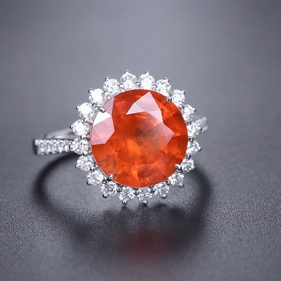 14k Gold 6.10 Ctw Natural Spessartine & Diamond Ring: Ref:231154007 // gold content:14k gold // ring size:7. 25us // // main gemstone:spessartine // shape:round // carat weight:5. 5ct // color:orange // treatment:natural // cut grade:g // // adjacent