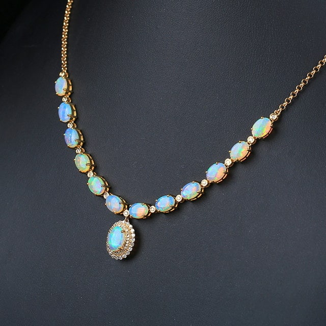 14k Gold 5.78 Ctw Natural Opal & Diamond Necklace - 2