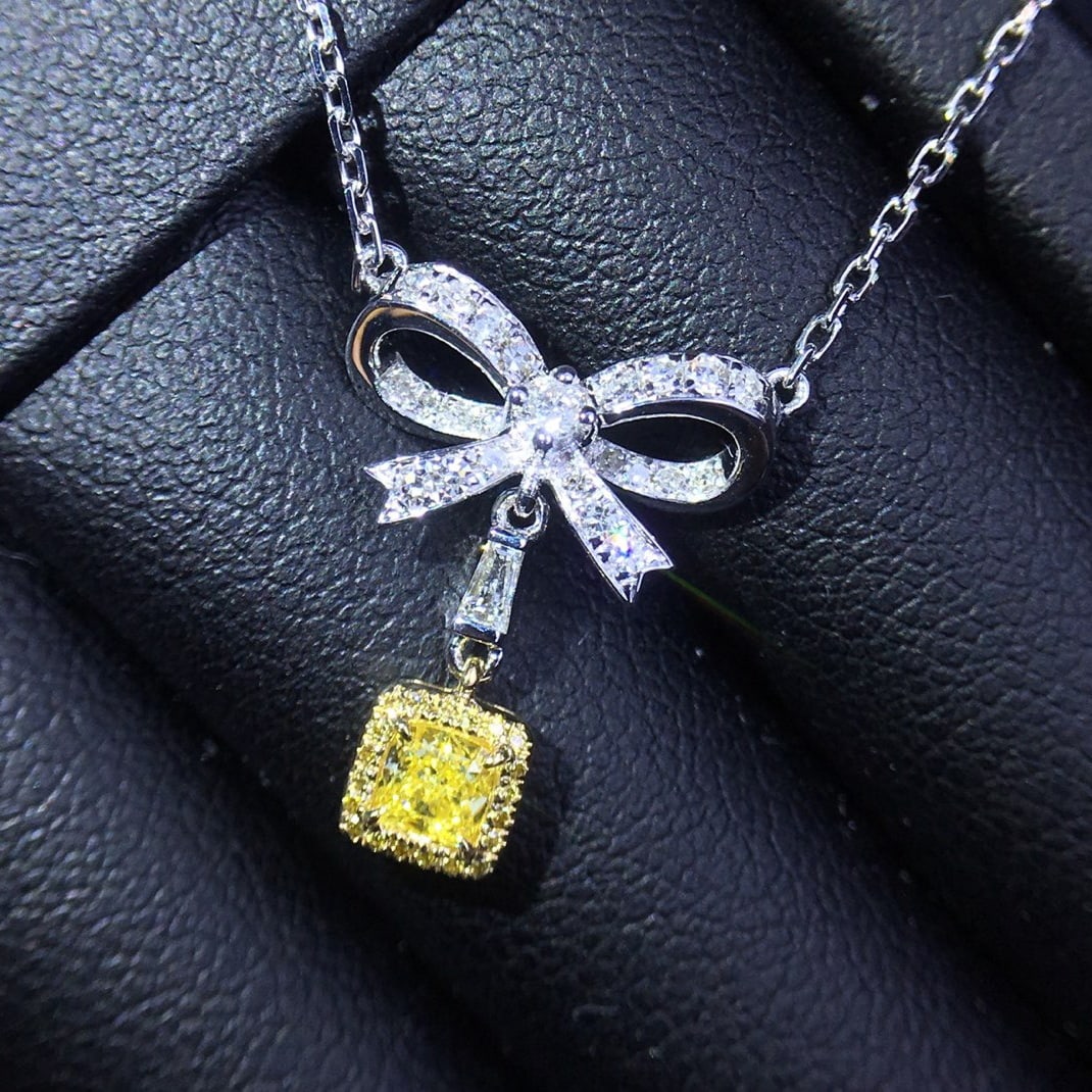 14k Gold 0.22 Ct Natural Yellow Diamond & Diamond Necklace - 3