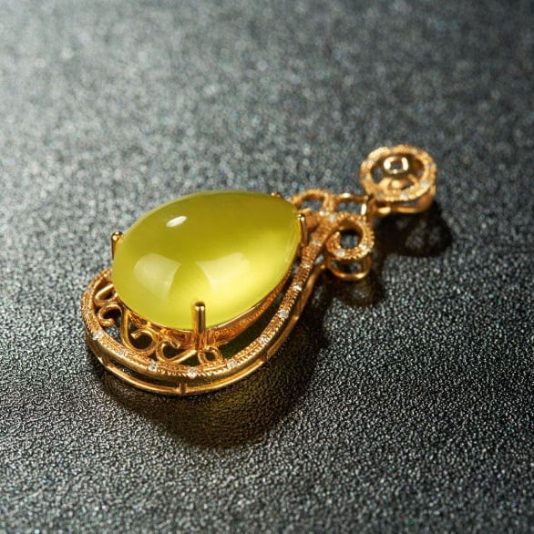 14k Gold 11.4 Ct Natural Prehnite & Diamond Pendant( Without Chain ) - 2