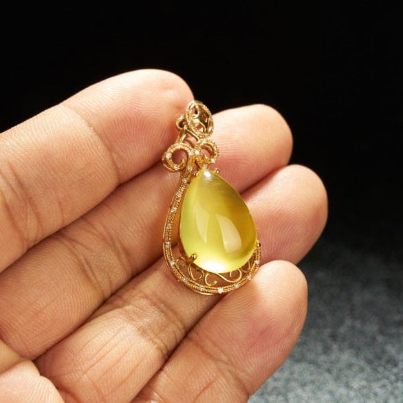 14k Gold 11.4 Ct Natural Prehnite & Diamond Pendant( Without Chain ) - 5