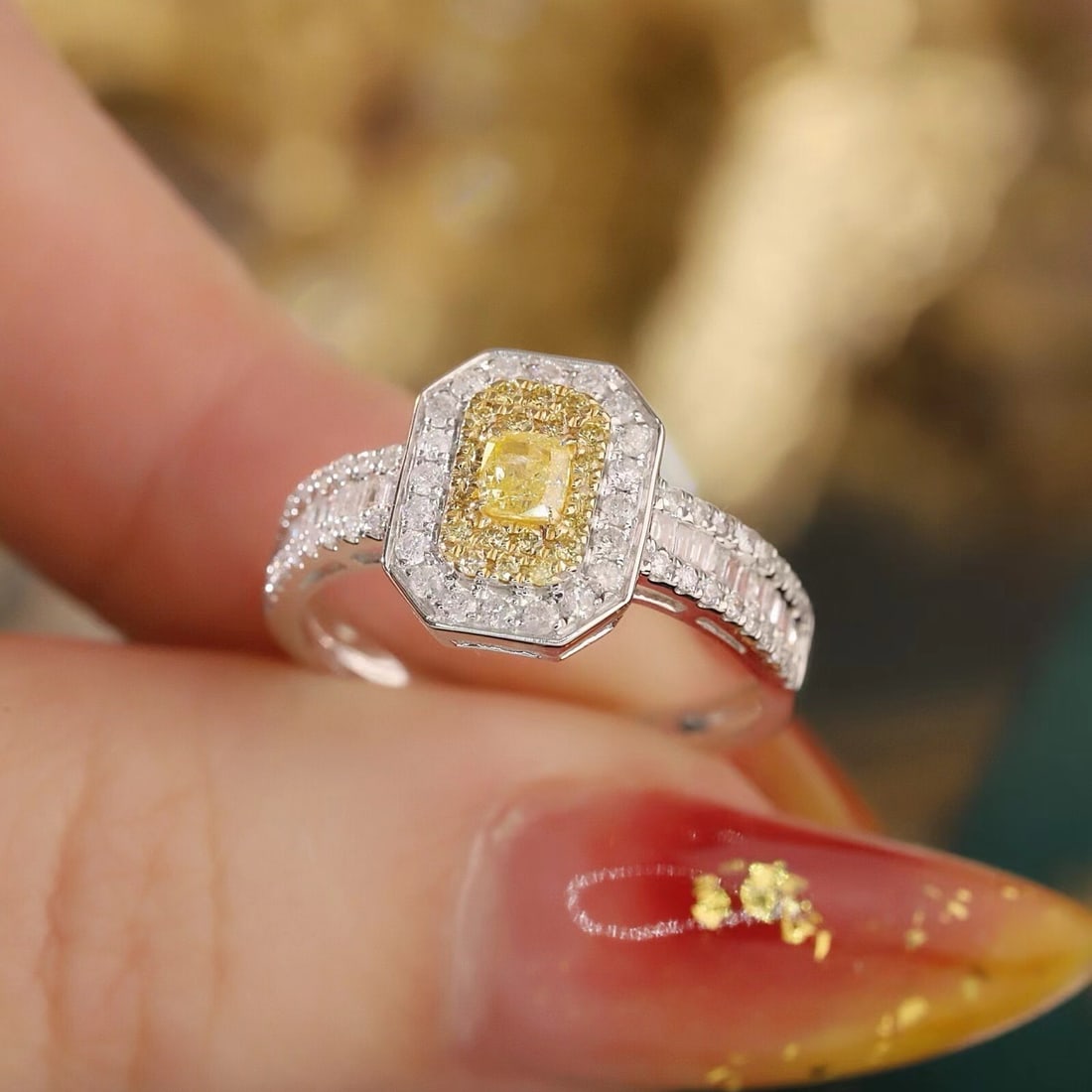 14k Gold 0.87 Ctw Natural Yellow Diamond & Diamond Ring: Ref:231154070 // gold content:14k gold // ring size:7. 25us // // main gemstone:yellow diamond // shape:cushion // carat weight:0. 22ct // color:yellow // treatment:natural // // adjacent gemstone 2 :