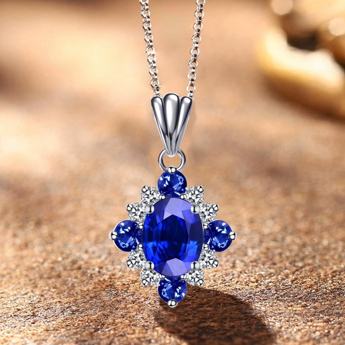 14k Gold 1.16 Ctw Natural Sapphire & Diamond Pendant( Without Chain ): Ref:231154087 // gold content:14k gold // main gemstone:sapphire // shape:oval // carat weight:1ct // color:blue // treatment:natural // // adjacent gemstone 2 : diamond // shape:round // carat weight