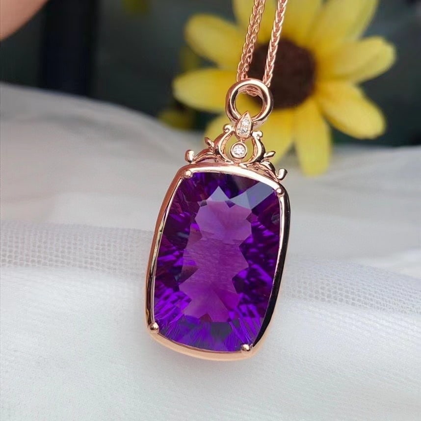 14k Gold 12.20 Ct Natural Amethyst & Diamond Pendant( Without Chain ): Ref:231154094 // gold content:14k gold // main gemstone:amethyst // shape:cushion // carat weight:12. 20ct // color:purple // treatment:natural // // adjacent gemstone 2 : diamond // number of