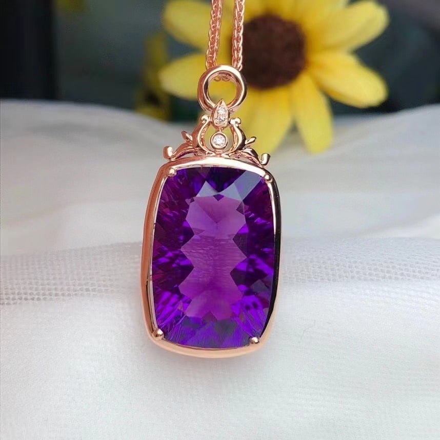 14k Gold 12.20 Ct Natural Amethyst & Diamond Pendant( Without Chain ) - 2