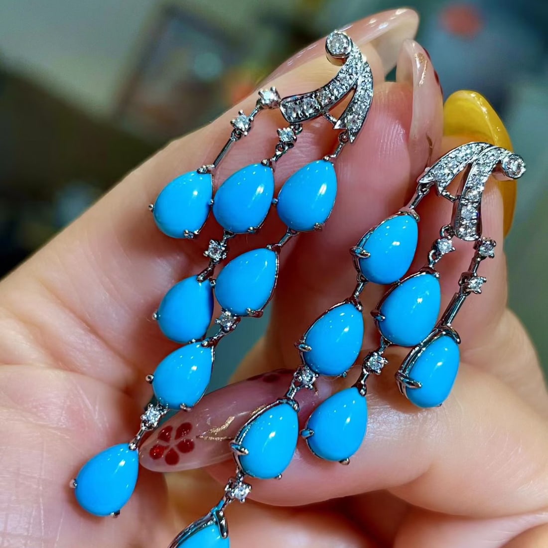 14k Gold 9.41 Ctw Natural Blue Turquoise & Diamond Earrings - 2